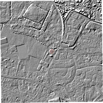 Shaded relief map of the ground around TA93YH, computed from Environment Agency LiDAR. The ground here sits at about 5 m above sea level and falls 4 m across the surrounding 800 m. Surface water reaching this point runs off ground lying to the north-north-east, 3.0 m higher.