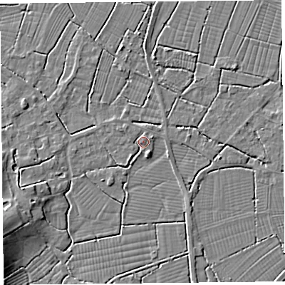 Shaded relief map of the ground around TA94AE, computed from Environment Agency LiDAR. The ground here sits at about 7 m above sea level and falls 7 m across the surrounding 800 m. Surface water reaching this point runs off ground lying to the north, 1.6 m higher.