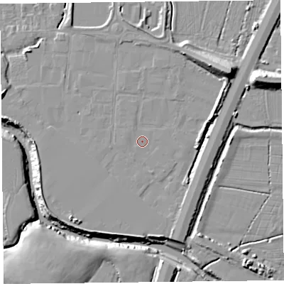 Shaded relief map of the ground around TA94AG, computed from Environment Agency LiDAR. The ground here sits at about 6 m above sea level and falls 14 m across the surrounding 800 m. Surface water reaching this point runs off ground lying to the north-east, 10.1 m higher.