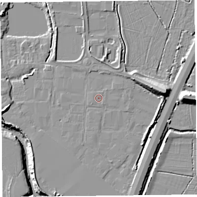 Shaded relief map of the ground around TA94AN, computed from Environment Agency LiDAR. The ground here sits at about 6 m above sea level and falls 14 m across the surrounding 800 m. The ground contributing surface water to this point lies to the west-north-west.