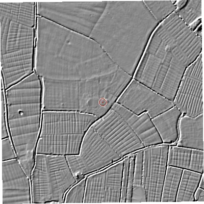 Shaded relief map of the ground around TA94AP, computed from Environment Agency LiDAR. The ground here sits at about 6 m above sea level and falls 2 m across the surrounding 800 m. The ground contributing surface water to this point lies to the east.