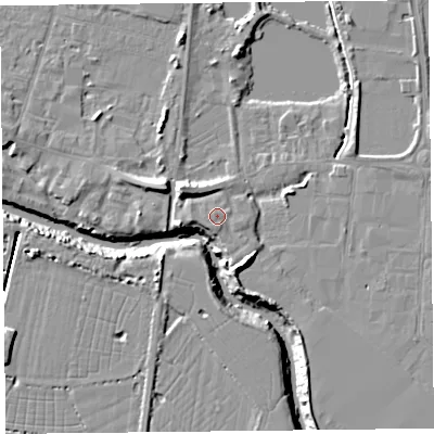 Shaded relief map of the ground around TA94AT, computed from Environment Agency LiDAR. The ground here sits at about 8 m above sea level and falls 11 m across the surrounding 800 m. Surface water reaching this point runs off ground lying to the south, 0.8 m higher.