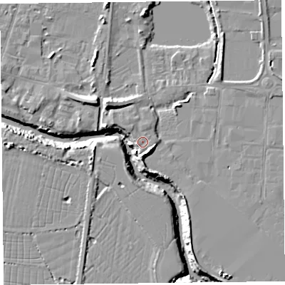 Shaded relief map of the ground around TA94AU, computed from Environment Agency LiDAR. The ground here sits at about 7 m above sea level and falls 11 m across the surrounding 800 m. The ground contributing surface water to this point lies to the north.