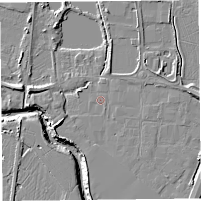 Shaded relief map of the ground around TA94AW, computed from Environment Agency LiDAR. The ground here sits at about 6 m above sea level and falls 11 m across the surrounding 800 m. Surface water reaching this point runs off ground lying to the south-south-east, 1.2 m higher.