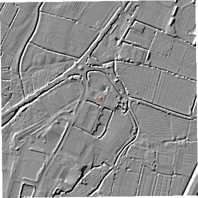 Shaded relief map of the ground around TA94BA, computed from Environment Agency LiDAR. The ground here sits at about 6 m above sea level and falls 7 m across the surrounding 800 m. Surface water reaching this point runs off ground lying to the east-north-east, 2.0 m higher.