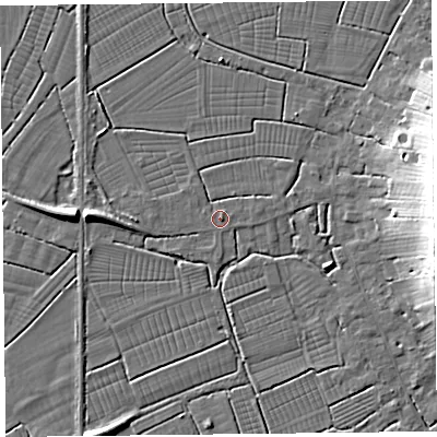 Shaded relief map of the ground around TA94BH, computed from Environment Agency LiDAR. The ground here sits at about 6 m above sea level and falls 15 m across the surrounding 800 m. Surface water reaching this point runs off ground lying to the west, 1.0 m higher.