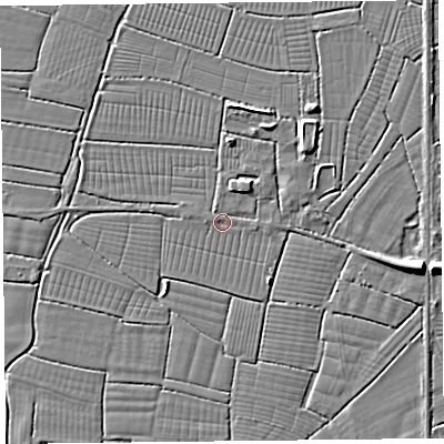 Shaded relief map of the ground around TA94BJ, computed from Environment Agency LiDAR. The ground here sits at about 5 m above sea level and falls 6 m across the surrounding 800 m. Surface water reaching this point runs off ground lying to the east, 0.7 m higher.