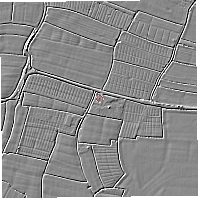 Shaded relief map of the ground around TA94BL, computed from Environment Agency LiDAR. The ground here sits at about 6 m above sea level and falls 2 m across the surrounding 800 m. Surface water reaching this point runs off ground lying to the south-east, 1.7 m higher.