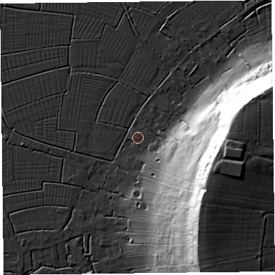 Shaded relief map of the ground around TA94BP, computed from Environment Agency LiDAR. The ground here sits at about 6 m above sea level and falls 56 m across the surrounding 800 m. Surface water reaching this point runs off ground lying to the east-south-east, 51.9 m higher.
