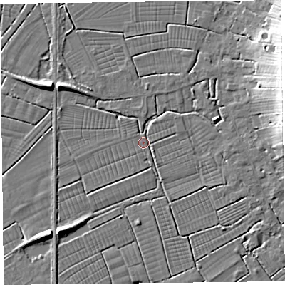 Shaded relief map of the ground around TA94BQ, computed from Environment Agency LiDAR. The ground here sits at about 6 m above sea level and falls 13 m across the surrounding 800 m. Surface water reaching this point runs off ground lying to the east-north-east, 12.7 m higher.