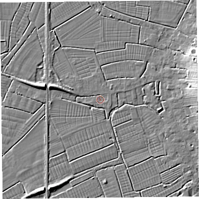 Shaded relief map of the ground around TA94BS, computed from Environment Agency LiDAR. The ground here sits at about 6 m above sea level and falls 8 m across the surrounding 800 m. Surface water reaching this point runs off ground lying to the west-south-west, 1.0 m higher.
