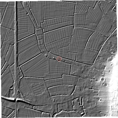 Shaded relief map of the ground around TA94BT, computed from Environment Agency LiDAR. The ground here sits at about 6 m above sea level and falls 26 m across the surrounding 800 m. Surface water reaching this point runs off ground lying to the north-north-west, 1.1 m higher.