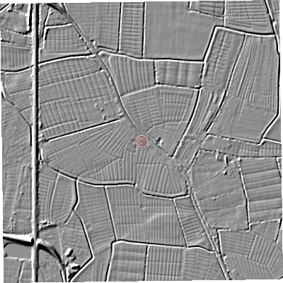Shaded relief map of the ground around TA94BU, computed from Environment Agency LiDAR. The ground here sits at about 6 m above sea level and falls 6 m across the surrounding 800 m. Surface water reaching this point runs off ground lying to the east, 1.1 m higher.