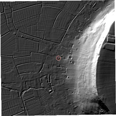 Shaded relief map of the ground around TA94BW, computed from Environment Agency LiDAR. The ground here sits at about 6 m above sea level and falls 57 m across the surrounding 800 m. Surface water reaching this point runs off ground lying to the east, 54.4 m higher.