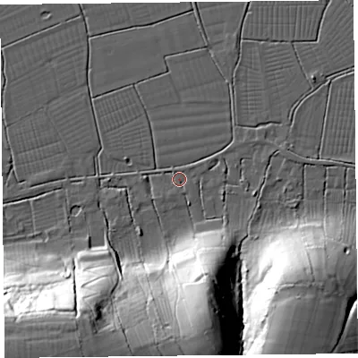 Shaded relief map of the ground around TA94BY, computed from Environment Agency LiDAR. The ground here sits at about 6 m above sea level and falls 47 m across the surrounding 800 m. Surface water reaching this point runs off ground lying to the south-south-west, 39.4 m higher.