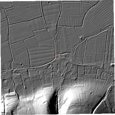 Shaded relief map of the ground around TA94BZ, computed from Environment Agency LiDAR. The ground here sits at about 6 m above sea level and falls 41 m across the surrounding 800 m. Surface water reaching this point runs off ground lying to the east-south-east, 1.1 m higher.