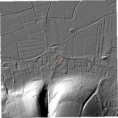Shaded relief map of the ground around TA94DA, computed from Environment Agency LiDAR. The ground here sits at about 6 m above sea level and falls 41 m across the surrounding 800 m. Surface water reaching this point runs off ground lying to the south, 28.4 m higher.