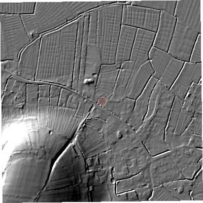Shaded relief map of the ground around TA94DB, computed from Environment Agency LiDAR. The ground here sits at about 6 m above sea level and falls 32 m across the surrounding 800 m. Surface water reaching this point runs off ground lying to the south-west, 31.8 m higher.