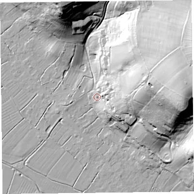 Shaded relief map of the ground around TA94DG, computed from Environment Agency LiDAR. The ground here sits at about 10 m above sea level and falls 71 m across the surrounding 800 m. Surface water reaching this point runs off ground lying to the east, 67.6 m higher.