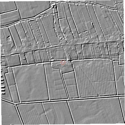 Shaded relief map of the ground around TA94DH, computed from Environment Agency LiDAR. The ground here sits at about 5 m above sea level and falls 4 m across the surrounding 800 m. Surface water reaching this point runs off ground lying to the east-north-east, 2.3 m higher.
