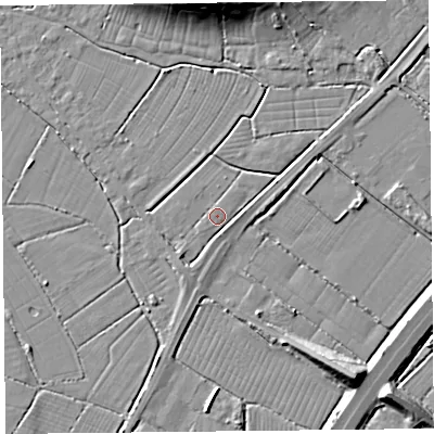 Shaded relief map of the ground around TA94DN, computed from Environment Agency LiDAR. The ground here sits at about 6 m above sea level and falls 12 m across the surrounding 800 m. Surface water reaching this point runs off ground lying to the south-west, 1.6 m higher.