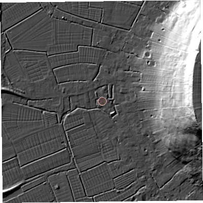 Shaded relief map of the ground around TA94DP, computed from Environment Agency LiDAR. The ground here sits at about 6 m above sea level and falls 56 m across the surrounding 800 m. Surface water reaching this point runs off ground lying to the east, 56.2 m higher.