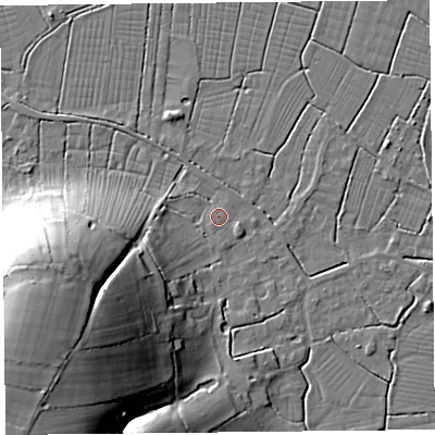 Shaded relief map of the ground around TA94DQ, computed from Environment Agency LiDAR. The ground here sits at about 7 m above sea level and falls 32 m across the surrounding 800 m. Surface water reaching this point runs off ground lying to the west, 2.9 m higher.