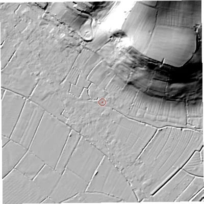 Shaded relief map of the ground around TA94DS, computed from Environment Agency LiDAR. The ground here sits at about 6 m above sea level and falls 68 m across the surrounding 800 m. Surface water reaching this point runs off ground lying to the north-north-east, 66.2 m higher.