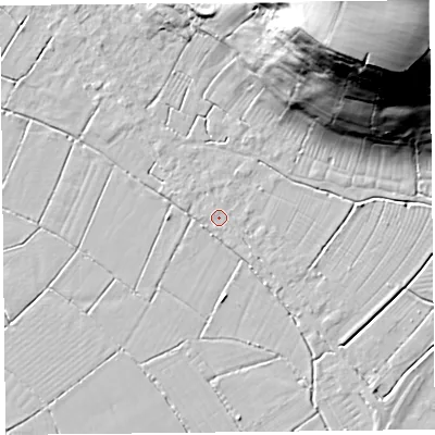 Shaded relief map of the ground around TA94DT, computed from Environment Agency LiDAR. The ground here sits at about 6 m above sea level and falls 55 m across the surrounding 800 m. Surface water reaching this point runs off ground lying to the north-north-west, 0.5 m higher.