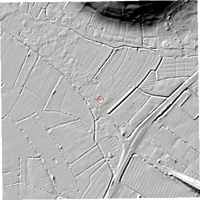 Shaded relief map of the ground around TA94DU, computed from Environment Agency LiDAR. The ground here sits at about 6 m above sea level and falls 30 m across the surrounding 800 m. Surface water reaching this point runs off ground lying to the west-north-west, 0.6 m higher.