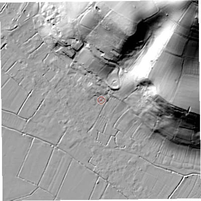 Shaded relief map of the ground around TA94EB, computed from Environment Agency LiDAR. The ground here sits at about 7 m above sea level and falls 123 m across the surrounding 800 m. Surface water reaching this point runs off ground lying to the north-east, 121.3 m higher.