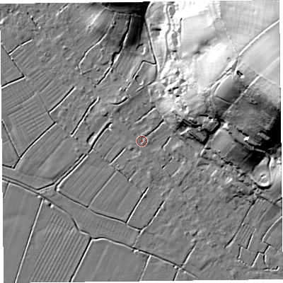 Shaded relief map of the ground around TA94EH, computed from Environment Agency LiDAR. The ground here sits at about 7 m above sea level and falls 69 m across the surrounding 800 m. Surface water reaching this point runs off ground lying to the west-south-west, 1.3 m higher.