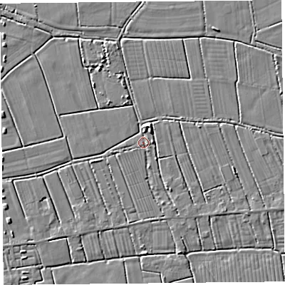 Shaded relief map of the ground around TA94EN, computed from Environment Agency LiDAR. The ground here sits at about 5 m above sea level and falls 4 m across the surrounding 800 m. Surface water reaching this point runs off ground lying to the north-north-east, 3.7 m higher.