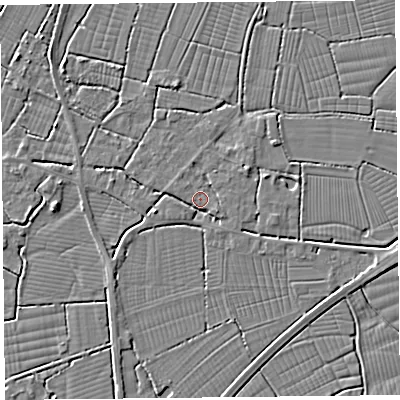 Shaded relief map of the ground around TA94ES, computed from Environment Agency LiDAR. The ground here sits at about 6 m above sea level and falls 3 m across the surrounding 800 m. Surface water reaching this point runs off ground lying to the west-south-west, 2.7 m higher.