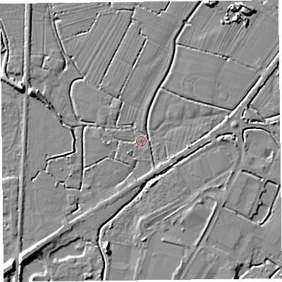 Shaded relief map of the ground around TA94EY, computed from Environment Agency LiDAR. The ground here sits at about 5 m above sea level and falls 8 m across the surrounding 800 m. Surface water reaching this point runs off ground lying to the east-south-east, 2.4 m higher.