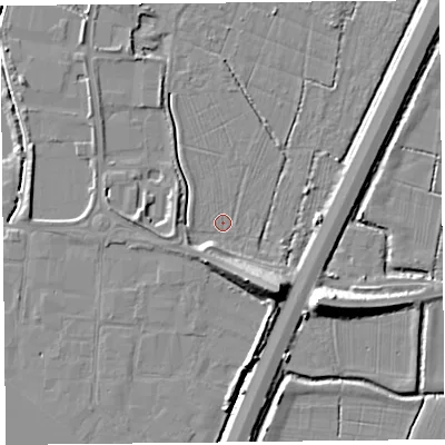 Shaded relief map of the ground around TA94FB, computed from Environment Agency LiDAR. The ground here sits at about 5 m above sea level and falls 11 m across the surrounding 800 m. Surface water reaching this point runs off ground lying to the south-south-east, 5.8 m higher.