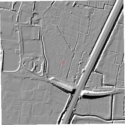 Shaded relief map of the ground around TA94FD, computed from Environment Agency LiDAR. The ground here sits at about 6 m above sea level and falls 10 m across the surrounding 800 m. Surface water reaching this point runs off ground lying to the south, 5.8 m higher.