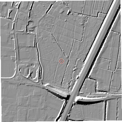 Shaded relief map of the ground around TA94FE, computed from Environment Agency LiDAR. The ground here sits at about 5 m above sea level and falls 10 m across the surrounding 800 m. The ground contributing surface water to this point lies to the south-south-west.