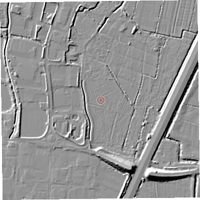 Shaded relief map of the ground around TA94FG, computed from Environment Agency LiDAR. The ground here sits at about 6 m above sea level and falls 11 m across the surrounding 800 m. The ground contributing surface water to this point lies to the north-north-west.