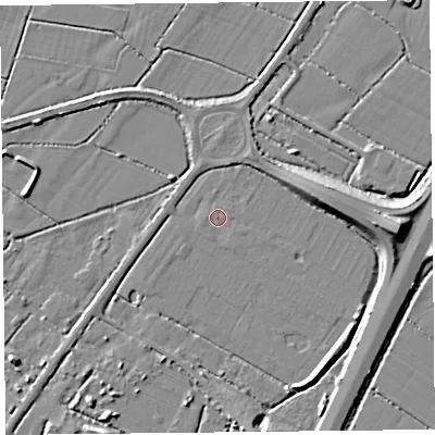 Shaded relief map of the ground around TA94HE, computed from Environment Agency LiDAR. The ground here sits at about 6 m above sea level and falls 9 m across the surrounding 800 m. The ground contributing surface water to this point lies to the west-south-west.