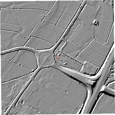 Shaded relief map of the ground around TA94HF, computed from Environment Agency LiDAR. The ground here sits at about 5 m above sea level and falls 9 m across the surrounding 800 m. Surface water reaching this point runs off ground lying to the north-north-east, 2.5 m higher.