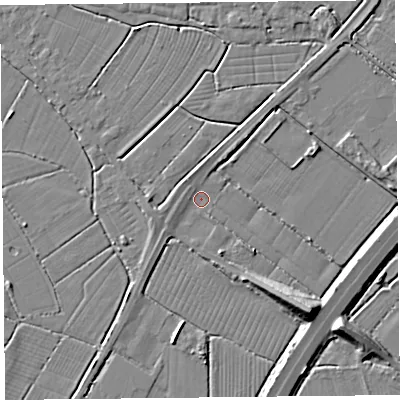Shaded relief map of the ground around TA94HH, computed from Environment Agency LiDAR. The ground here sits at about 6 m above sea level and falls 9 m across the surrounding 800 m. Surface water reaching this point runs off ground lying to the west-north-west, 0.9 m higher.