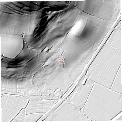 Shaded relief map of the ground around TA94HJ, computed from Environment Agency LiDAR. The ground here sits at about 14 m above sea level and falls 104 m across the surrounding 800 m. Surface water reaching this point runs off ground lying to the north-north-west, 92.9 m higher.