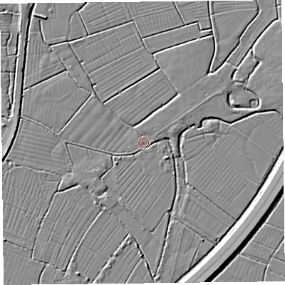 Shaded relief map of the ground around TA94HN, computed from Environment Agency LiDAR. The ground here sits at about 6 m above sea level and falls 3 m across the surrounding 800 m. Surface water reaching this point runs off ground lying to the east-north-east, 1.0 m higher.
