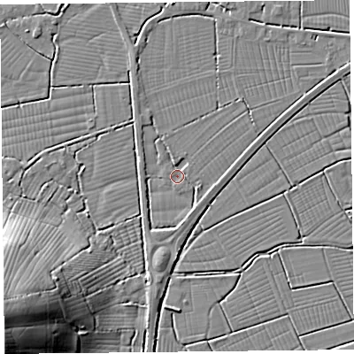 Shaded relief map of the ground around TA94HP, computed from Environment Agency LiDAR. The ground here sits at about 6 m above sea level and falls 27 m across the surrounding 800 m. Surface water reaching this point runs off ground lying to the south-south-east, 1.7 m higher.
