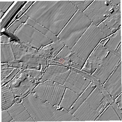 Shaded relief map of the ground around TA94HQ, computed from Environment Agency LiDAR. The ground here sits at about 5 m above sea level and falls 8 m across the surrounding 800 m. Surface water reaching this point runs off ground lying to the east-south-east, 1.2 m higher.