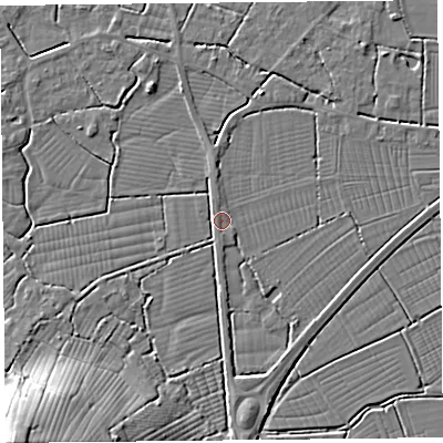 Shaded relief map of the ground around TA94HR, computed from Environment Agency LiDAR. The ground here sits at about 6 m above sea level and falls 27 m across the surrounding 800 m. Surface water reaching this point runs off ground lying to the north-north-west, 1.7 m higher.