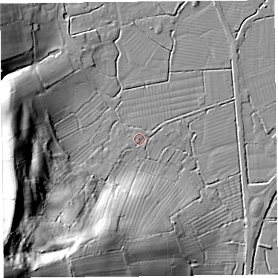 Shaded relief map of the ground around TA94HS, computed from Environment Agency LiDAR. The ground here sits at about 6 m above sea level and falls 91 m across the surrounding 800 m. Surface water reaching this point runs off ground lying to the west-south-west, 0.9 m higher.