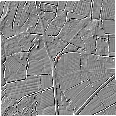 Shaded relief map of the ground around TA94HT, computed from Environment Agency LiDAR. The ground here sits at about 6 m above sea level and falls 3 m across the surrounding 800 m. Surface water reaching this point runs off ground lying to the south-south-west, 1.5 m higher.