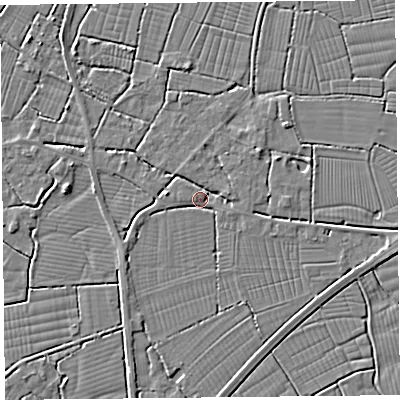 Shaded relief map of the ground around TA94HU, computed from Environment Agency LiDAR. The ground here sits at about 6 m above sea level and falls 3 m across the surrounding 800 m. Surface water reaching this point runs off ground lying to the west, 2.7 m higher.